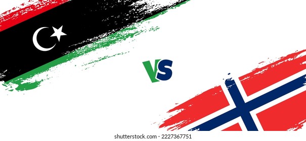 Creative Libya vs Norway brush flag illustration. Artistic brush style two country flags relationship background