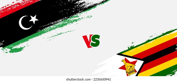 Creative Libya vs Zimbabwe brush flag illustration. Artistic brush style two country flags relationship background