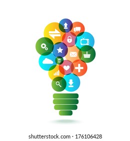 Creative light bulb with applications icons inside