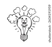 Creative light bulb cartoon vector featuring a smiling character, bright idea symbol, innovation concept, happy face, light bulb icon, and thinking illustration.