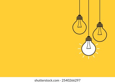 Diseño creativo de la bombilla de luz sobre fondo amarillo Concepto de innovación e ideas. Ilustración vectorial en diseño plano. Copiar espacio para la entrada de texto.