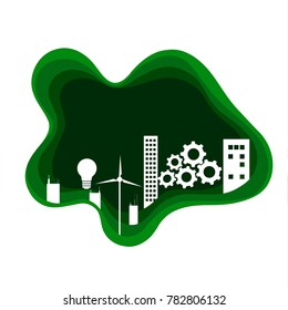 Creative light bulb, gear, buildings and landmarks, idea and inspiration concept. City with light bulb. Vector Illustration.