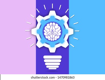 Creative light bulb with gears and brain working together. Brainstorming, intellectual power, a new concept of innovative ideas. Vector illustration for your design.