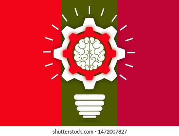 Creative light bulb with gears and brain working together. Brainstorming, intellectual power, a new concept of innovative ideas. Vector illustration for your design.