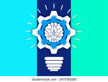 Creative light bulb with gears and brain working together. Brainstorming, intellectual power, a new concept of innovative ideas. Vector illustration for your design.