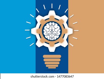 Creative light bulb with gears and brain working together. Brainstorming, intellectual power, a new concept of innovative ideas. Vector illustration for your design.