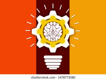 Creative light bulb with gears and brain working together. Brainstorming, intellectual power, a new concept of innovative ideas. Vector illustration for your design.