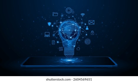 Creative light bulb with a globe or world map inside on tablet or smartphone. Global internet connectivity concept for business Advanced digital technology. Saving electricity and energy
