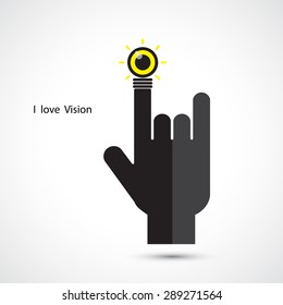 Creative light bulb and hand icon abstract vector design. I love vision concept. Corporate business creative logotype symbol. Vector illustration