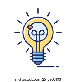 Icono de bombilla creativa con elemento de corazón, Ilustración vectorial de una bombilla amarilla brillante con un símbolo de corazón en el interior, líneas radiantes y un diseño moderno y estilizado.  
