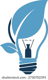 Un icono de bombilla creativa con hojas a su alrededor sobre un fondo blanco, que representa una mezcla de naturaleza e innovación con tonos de azul y azul oscuro.