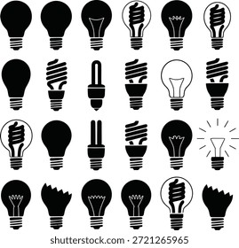 Conjunto de iconos de bombilla creativa. Contiene lámparas eléctricas, CFL de ahorro de energía, ideas incandescentes, vidrio roto, innovación brillante y símbolos de potencia.