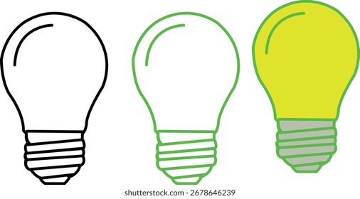 Creative light bulb icons in black, outline and neon green vector styles for ideas, innovation, electricity and eco-friendly energy concepts