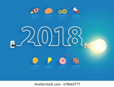 Creative light bulb idea with 2018 new year design, Inspiration business plan, marketing strategy, teamwork, brainstorm ideas concept, Vector illustration modern design layout template