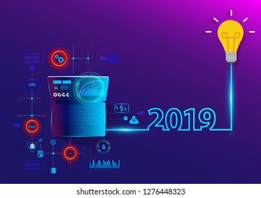 Creative light bulb idea 2019 new year with laptop computer PC, Vector illustration modern layout template design