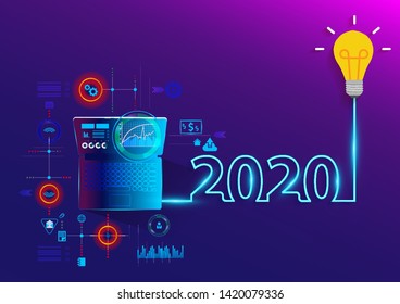 Creative light bulb idea 2020 new year, With laptop computer PC, Vector illustration layout template design