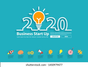 Creative light bulb idea with 2020 new year design, Inspiration business start up plan, marketing strategy, teamwork, brainstorm ideas concept, Vector illustration modern design layout template