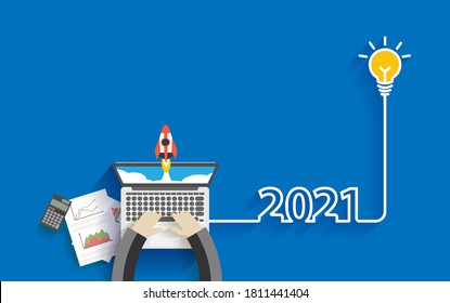 Creative light bulb idea 2021 new year business start up ideas concept design, With businessman working on laptop computer PC, Top view from above vector illustration 