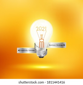 Creative light bulb idea with 2021 new year design, Inspiration business start up plan, marketing strategy, teamwork, brainstorm ideas concept, Vector illustration modern design layout template