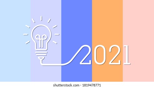 Creativa idea de bombilla de luz con diseño de año nuevo 2021 con una bombilla de luz sobre el hermoso fondo de la paleta de colores. La solución, ideas de planificación 2021. Negocios, brillantes en 2021