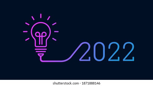 Creative light bulb idea with 2022 new year design with a light bulb on the Dark Blue background color. The solution, 2022 planning ideas. Business, glowing