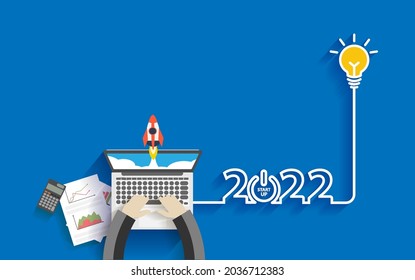 Creative light bulb idea 2022 new year business start up ideas concept design, With businessman working on laptop computer PC, Top view from above vector illustration 