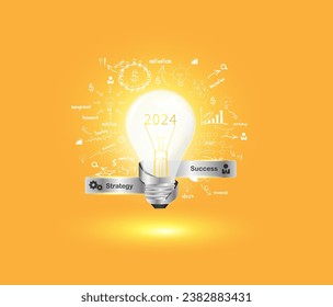 Idea creativa de bombilla de luz 2024 año nuevo con diseño de gráficos y gráficos de pensamiento creativo plan de estrategia, ilustración vectorial diseño moderno de plantillas