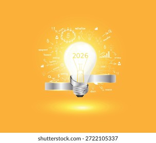 Creative light bulb idea 2026 new year with creative thinking drawing charts and graphs strategy plan, Vector illustration