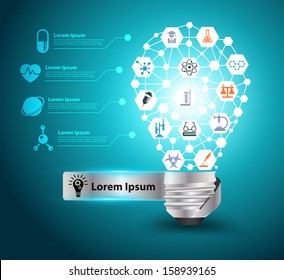 Creative light bulb idea with chemistry and science icon education concept, Vector illustration modern design template, workflow layout, diagram, step up options