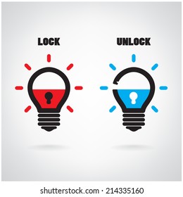 Creative light bulb idea concept with padlock symbol. Security sign , business ideas .Vector illustration. 