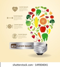 Creative light bulb idea with with fruits and vegetables healthy food icons, Workflow layout, diagram, step up options, Vector illustration modern template design