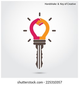 Creative light bulb idea and handshake sign with key symbol. Key of success. Business ideas.Vector illustration.