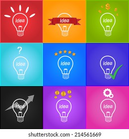 Creative Light Bulb Idea, Idea Icons Set, Business Idea Concept, Dollar Sign, Question mark Icon, Star Icons, Check Icon, Gear Icon, Arrow Icon. Vector Illustration.
