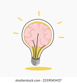 Creative light bulb illustration with a pink brain inside, radiating glowing yellow lines. Symbolizes creativity, brainstorming, innovation, and knowledge