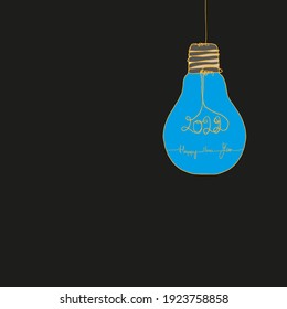 Creative light bulb line art typography text 2022 on blue colour.One line continue drawing style with Happy New Year idea for The solution on 2022 planning or Business glowing,celebrating
