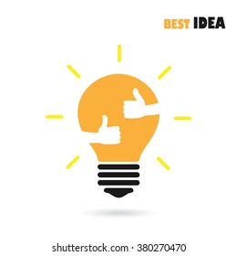 Creative light bulb logo design vector template with small hand.Best idea,good idea sign.Education and business logotype concept. Vector illustration