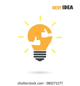 Creative light bulb logo design vector template with small hand.Best idea,good idea sign.Education,business logotype concept.Freehand vector sketches isolated over white background.Vector illustration