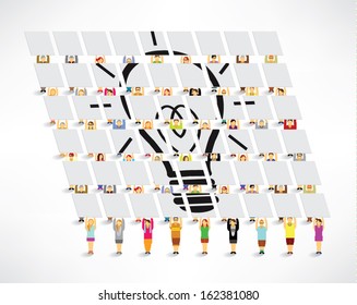 Creative light bulb with many people gather around vector design