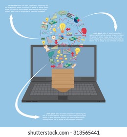 Creative light bulb on laptop with business finance chart and graph idea concept, Vector Illustration EPS 10.