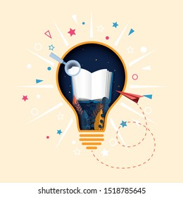 Creative light bulb and open book paper cut abstract background.Concept of learning and education.