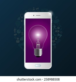 Creative light bulb with phone and icons. Vector