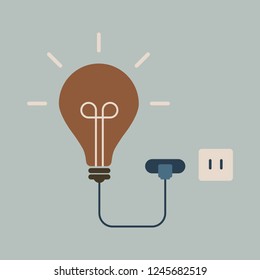 Creative light bulb and plug. Graphic design idea of bulb light with cord electrical plug connected to power socket. Vector illustration.
