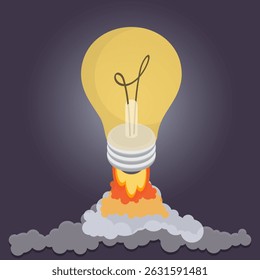 Foguete de lâmpada criativo com explosão e fumaça decola em um fundo escuro. Lançamento bem-sucedido, conceito de ideia criativa. Gerador criativo e inteligente e pensamento. Ilustração vetorial isométrica plana.