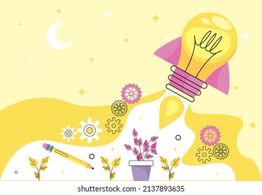 creative light bulb with rocket and icons