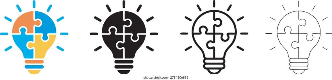 Creative light bulb set composed of four puzzle pieces in blue orange and yellow colors with black and white outline variations for innovation