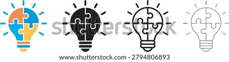 Creative light bulb set composed of four puzzle pieces in blue orange and yellow colors with black and white outline variations for innovation