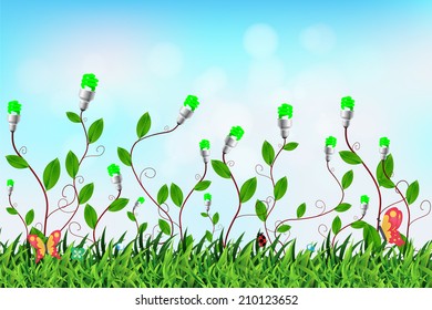 Creative light bulb with a tree growing inside in field. Environment or energy concept background, Vector illustration modern design template