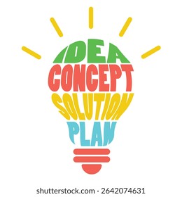 Creative Light Bulb Typography Vector, Colorful Idea Concept Solution Plan Text Design for Business Presentation, Startup Posters, Motivational Quotes, Innovation Themes, and Flat Style Graphics