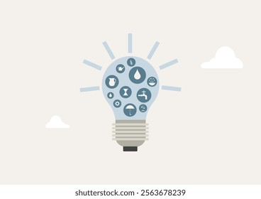 Creative Light Bulb with Water Conservation Icons.  light bulb illustration featuring water conservation symbols like drops, faucets, and rain, symbolizing sustainability, ideas, and resources
