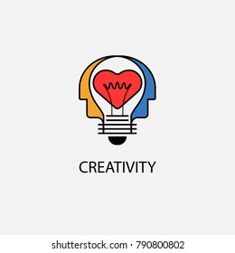 Creative light bulb,Heart icon and Human heads vector design banner template.Corporate business and industrial creative logotype symbol.Brainstorming and teamwork concept.Vector  design illustration